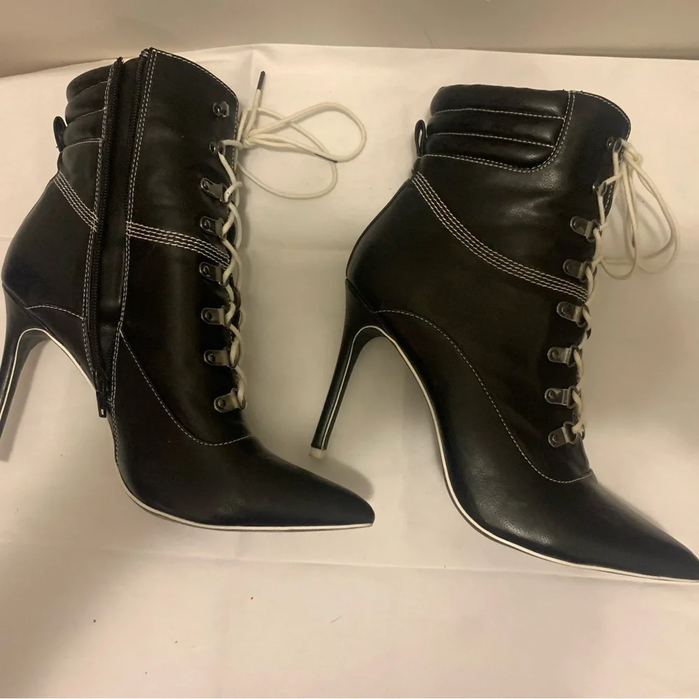Black Lace-Up Stiletto Ankle Boots - Picture 3 of 4